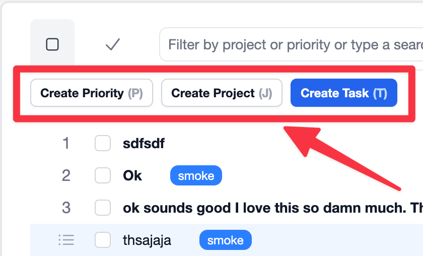 Create New Task / Project / Priority Buttons
