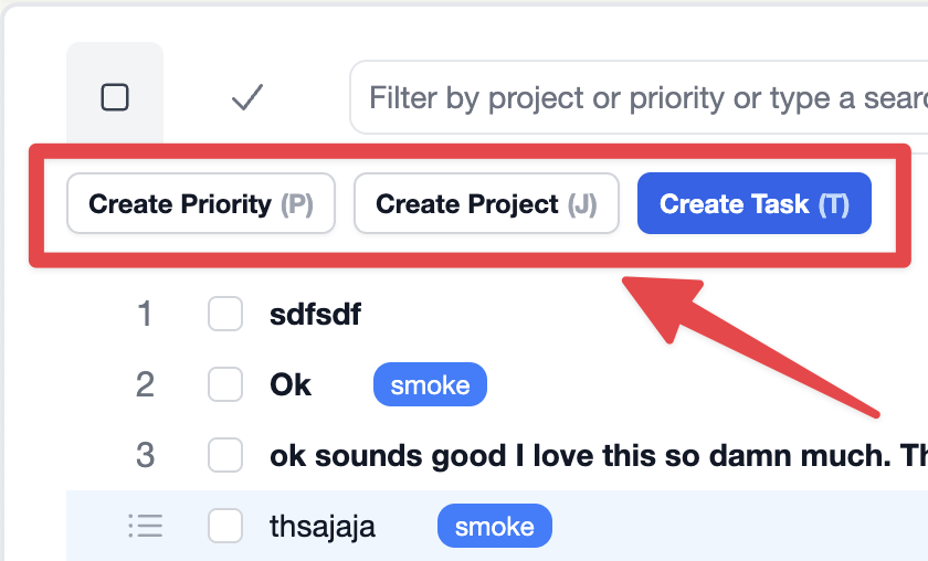 Create New Task / Project / Priority Buttons